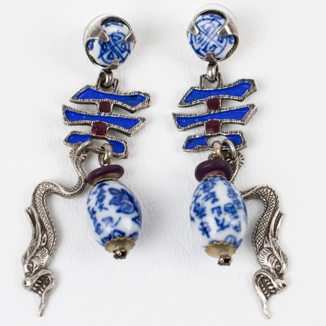 Zoe Coste Silvered Metal and Enamel Dangle Pierced Earrings For Sale - Image 4 of 7
