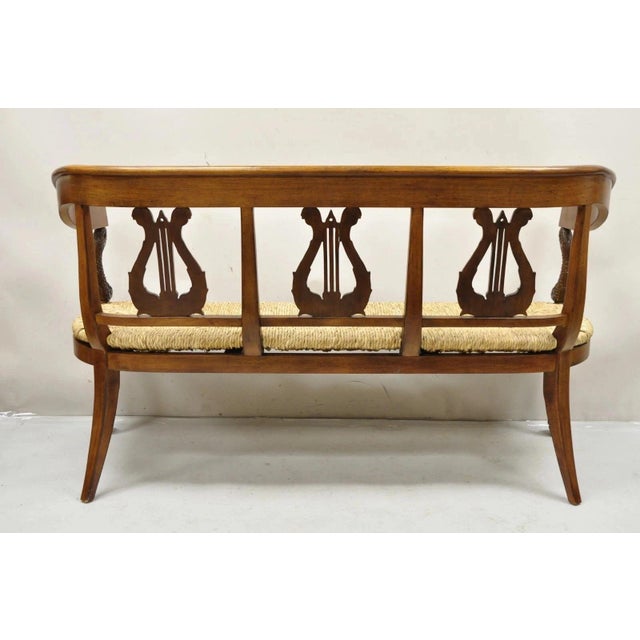Brown Vintage Italian Neoclassical Cherry Wood Dolphin Lyre Carved Rush Seat Bench For Sale - Image 8 of 12