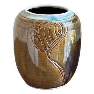 20th Century Studio Pottery Vase W/ Leaf Motif For Sale