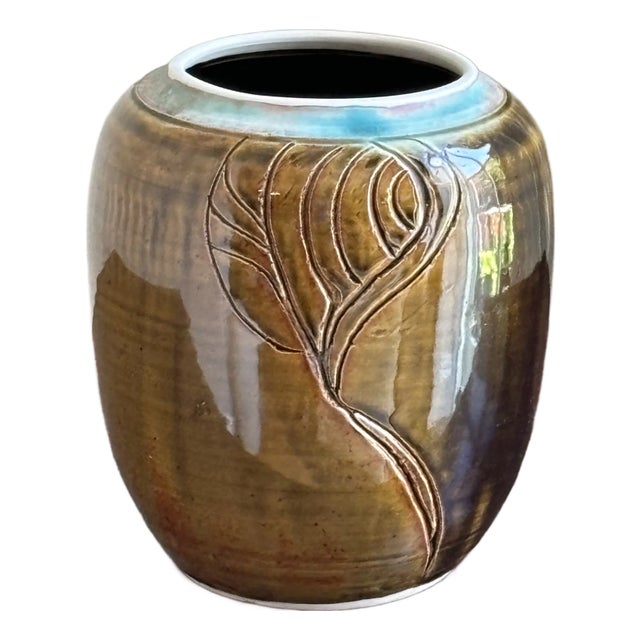 20th Century Studio Pottery Vase W/ Leaf Motif For Sale