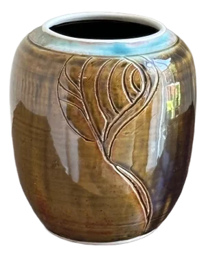 20th Century Studio Pottery Vase W/ Leaf Motif