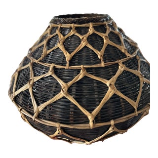 Vintage Handwoven Southeast Asian Creel Basket – 13" Squat Geometric Rattan & Bamboo For Sale
