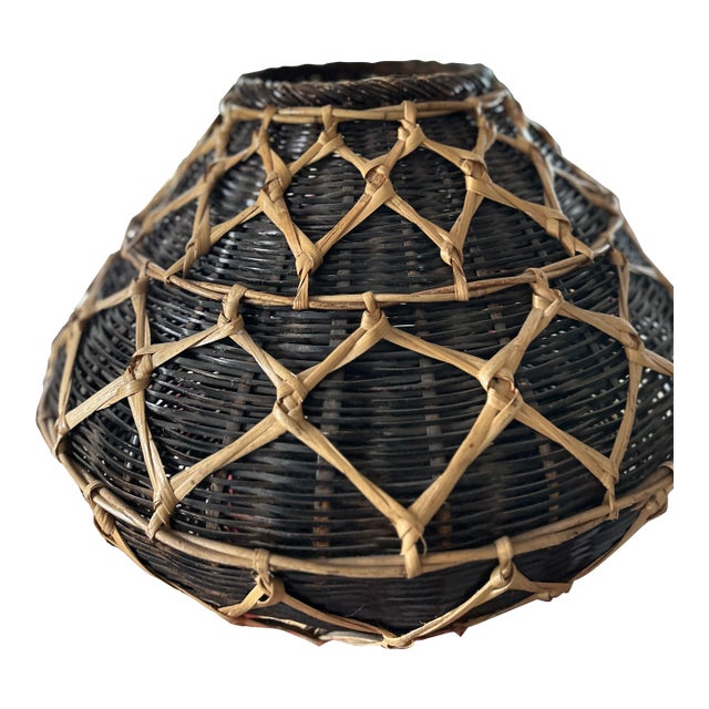 Vintage Handwoven Southeast Asian Creel Basket – 13" Squat Geometric Rattan & Bamboo For Sale