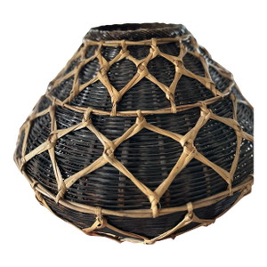 Vintage Handwoven Southeast Asian Creel Basket – 13" Squat Geometric Rattan & Bamboo