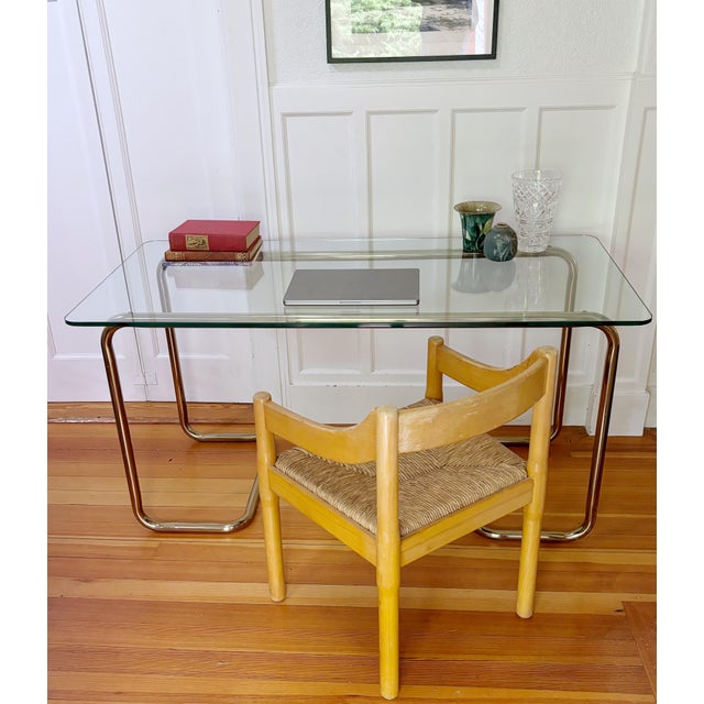 Vintage 1970s/1980s Postmodern tubular brass and glass console table, desk, or small dining table. Substantial 1/2" thick...
