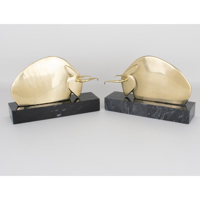 Art Deco Polished Brass and Marble LongHorn Bull Bookends For Sale - Image 10 of 14