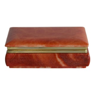 Hand Painted Italian Carved Alabaster Box With Brass Trim, Mid Century For Sale