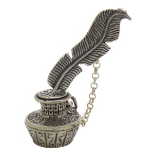 Vintage Italian Handmade Genuine Silver .800 Pen & Inkwell Dollhouse Miniature For Sale