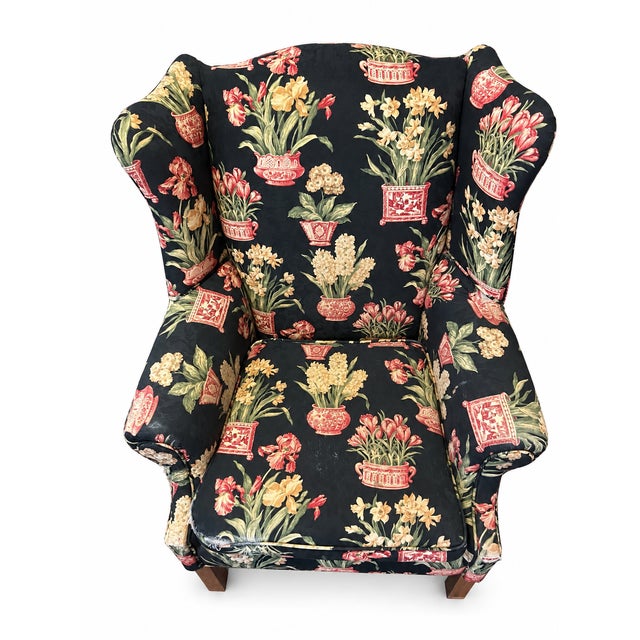 Late 20th Century Black Floral Chinoiserie Wingback Armchairs — A Pair For Sale - Image 12 of 16