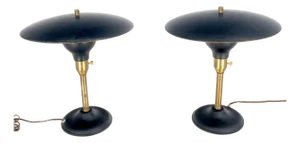 Pair Metal Shades Black & Gold Mushroom Shape Table Lamps
