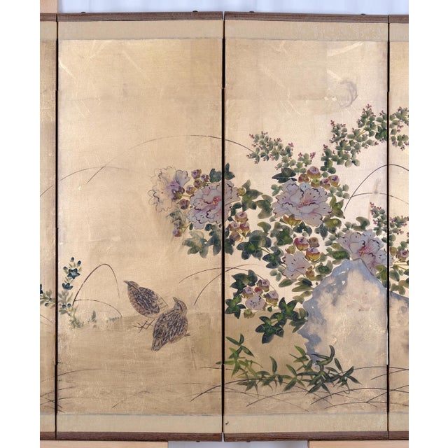 1950s 1950s Japanese Byobu "2 Quails Under Flowering Bush" Artist Hand Signed & Hand Painted 4-Panel Folding Screen Excellent Overall Condition For Sale - Image 5 of 10