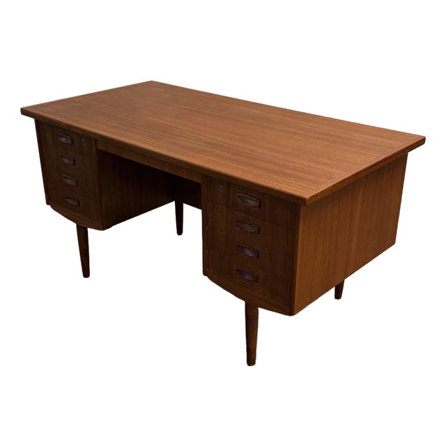 Danish Teak Mid Century Modern 8 Drawer Executive Desk With Bookshelf Back, 1950s For Sale