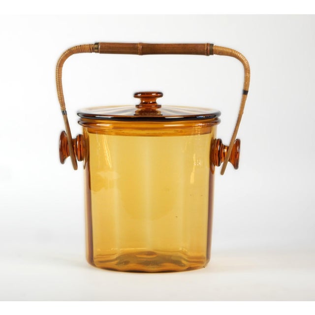Mid-Century Modern Art Glass Lidded Ice Bucket with Rattan Cane Handle, Austria, 1960's For Sale - Image 3 of 11