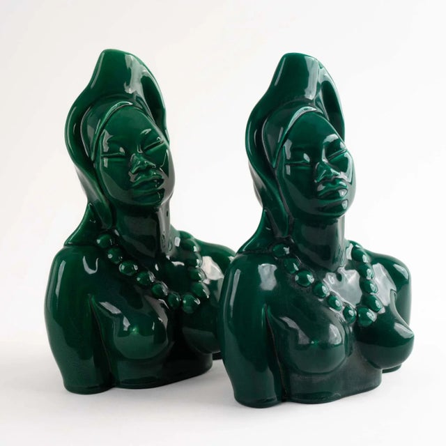 Mid-Century Modern Emerald Green Ceramic Goddess Bust Figures - Pair For Sale - Image 3 of 12