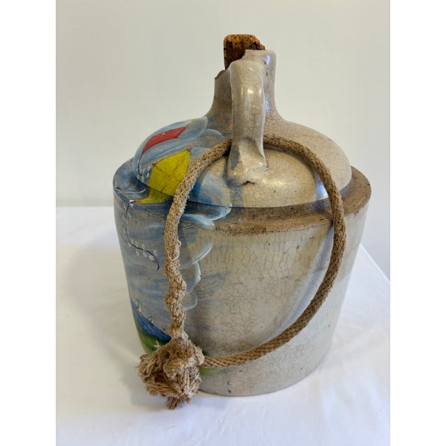 Ceramic Vintage Hand-Painted Folk Art Stoneware Jug With Children Flying Kites For Sale - Image 7 of 9