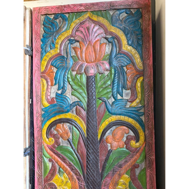 Mid-Century Modern Hand-Painted Lotus Tree of Life Carved Wood Panel – Vintage Indian Barn Door Wall Art 84x36 For Sale - Image 3 of 5
