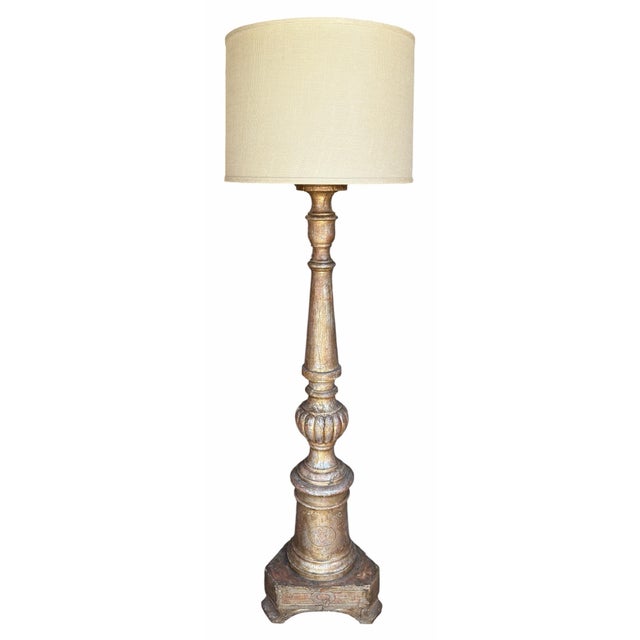 Antique White Gold Giltwood Floor Lamp With Custom Shade.