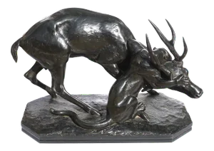 Antoine Louis Barye Bronze Panther Seizing A Stag, circa 1860