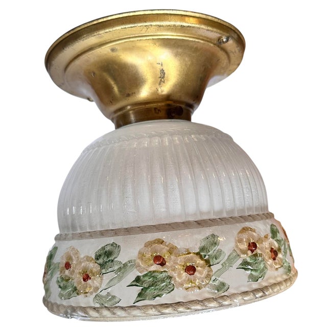 American Frosted Fluted and Roping Pattern With Botanical Motif on Old Brass Holder, Circa 1920 For Sale - Image 3 of 5