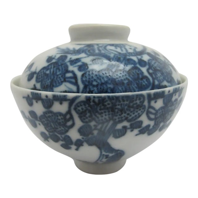 Japanese Sometsuke Blue Porcelain Soup or Rice Bowl With Lid For Sale