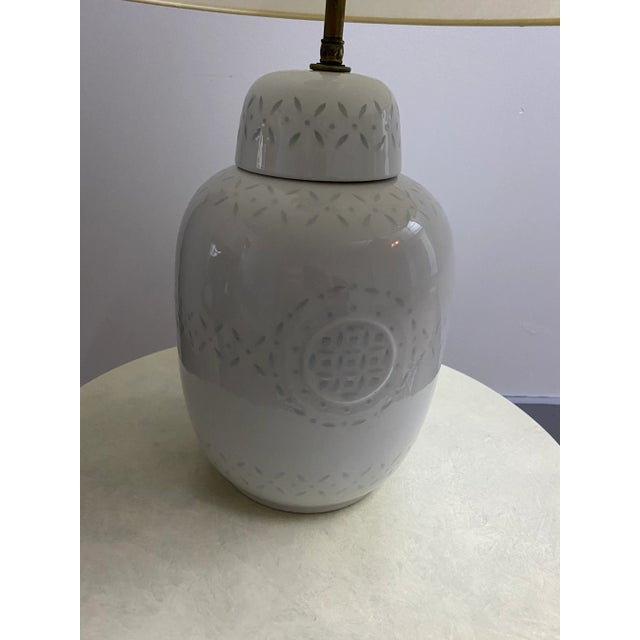 1970's Celadon Lamp and White Pedestal Table For Sale - Image 10 of 13