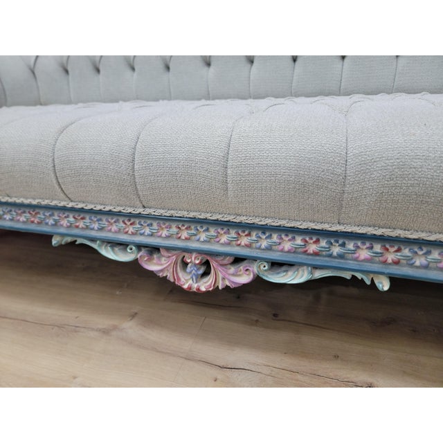 1970s French Provincial Living Room Set | Hand Carved Baroque Sofa & Armchairs | Blue and Rose Gold Ornate Tufted 4-Piece Set For Sale - Image 14 of 18