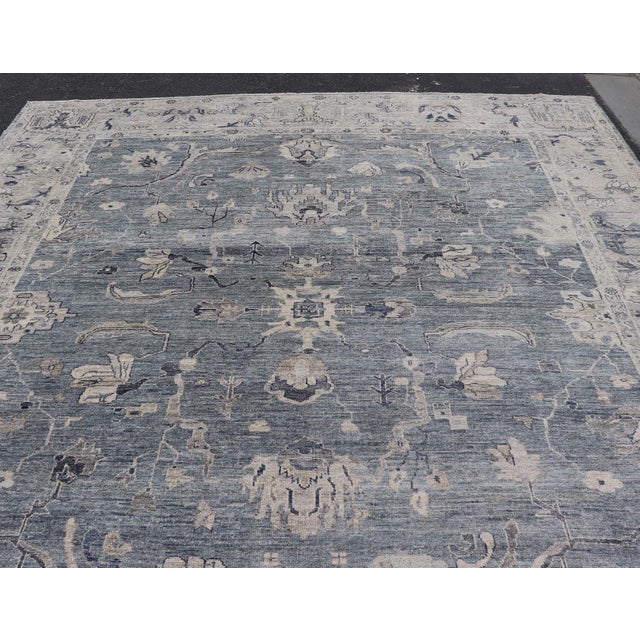 Turkish Angora Oushak Rug With Steel Blue Field and Light Gray Border For Sale - Image 9 of 14