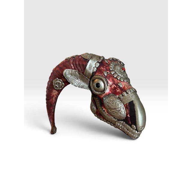 Exceptional vintage Himalayan/Tibetan-style decorative ram skull featuring dramatically curved natural horns and extensive...
