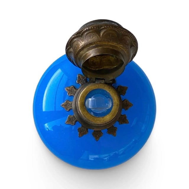 French Antique French Blue Opaline Perfume Scent Bottle With Miniature Louvre Painting, Circa 1850, Perfume Museum For Sale - Image 3 of 11