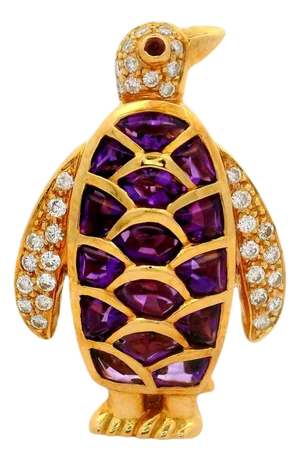 Amethyst Diamond Ruby 18k Yellow Gold Penguin Pendant Brooch