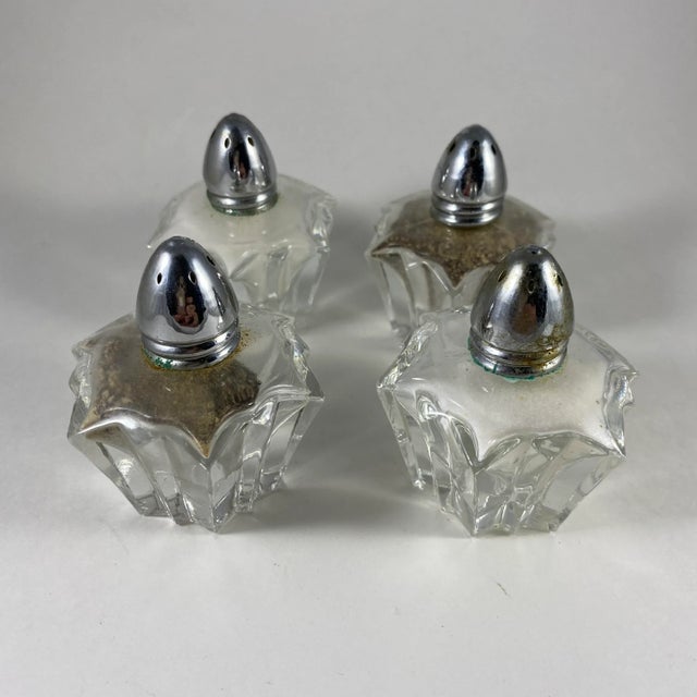 Set of 4 Austrian Salt and Pepper Shakers Starburst Star Design Silver plated tops 2 salt & 2 pepper Crystal and in mint...