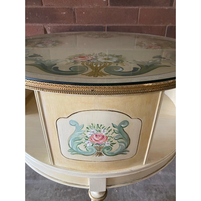 Wood Vintage French Hand-Painted Floral Round Side Table For Sale - Image 7 of 9