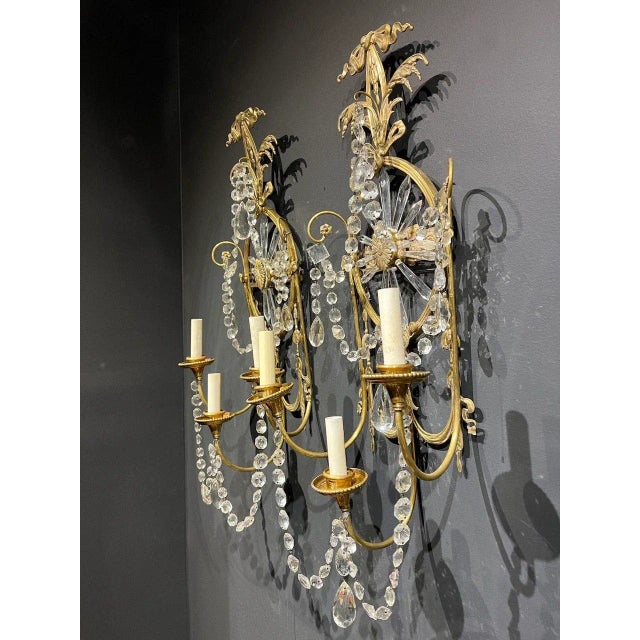 Metal 1920s Large Caldwell Sunburst Crystal Sconces With 3 Lights - Pair For Sale - Image 7 of 9