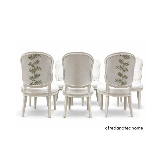 Neoclassical Set of 8 Louis XVI Style White Upholstered Dining Chairs For Sale - Image 3 of 12
