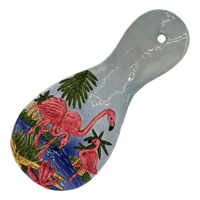 Mid-Century Hand Painted 3d Flamingo on a Tropical Beach Themed Spoon Rest For Sale