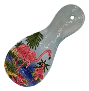 Mid-Century Hand Painted 3d Flamingo on a Tropical Beach Themed Spoon Rest