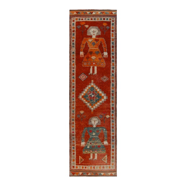 1950s Vintage Tribal Runner in Red, Orange and Blue Pictorial Figures For Sale