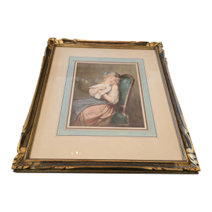 Antique Signed Painting Watercolor Girl With Dove