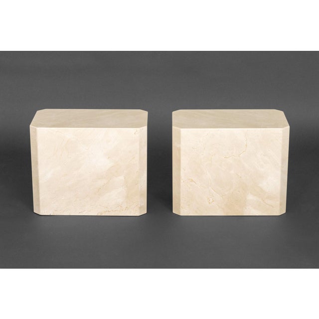 Pair of Modern Crema Marfil Marble Side Tables, rectangular with canted corners. 16" H x 20" W x 12" D. Provenance: From a...