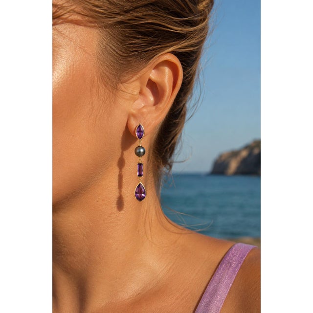 Modern Amethyst & Pearl Drop Earrings Studs, Silver, Gold, Pair For Sale - Image 3 of 8