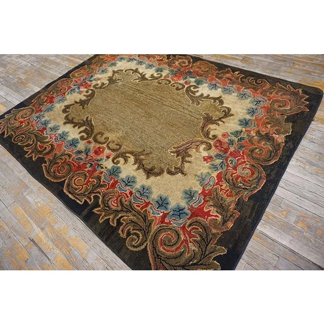 Beautiful Brown Color With Intricate Folk Art Pattern Antique American Hooked Rug For Sale - Image 4 of 12