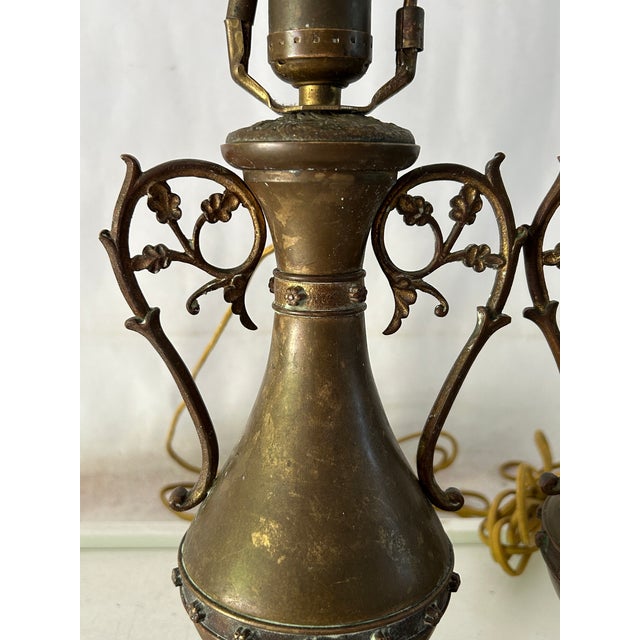 Art Nouveau 30's Vintage Empire -Style Solid Brass Urn Table Lamps W/Shades - a Pair For Sale - Image 3 of 6