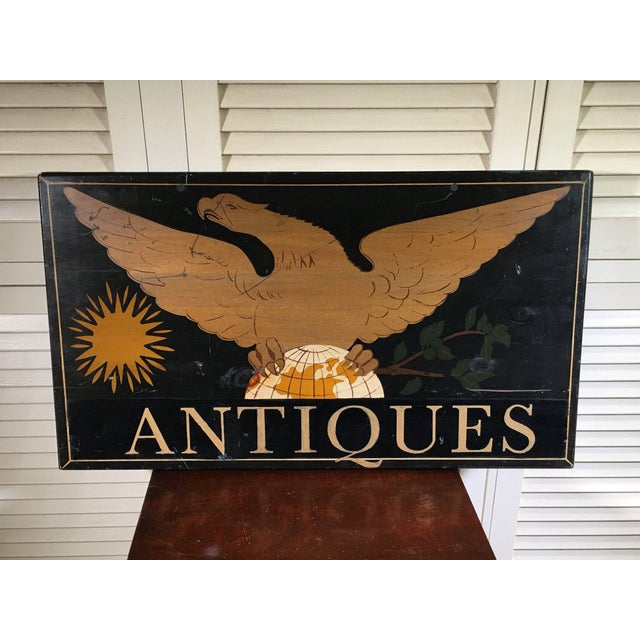 Wood Vintage Hand-Painted Wooden “Antiques” Trade Sign For Sale - Image 7 of 7