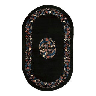 1920s Black Medallion Floral Antique Oval Chinese Art Deco Carpet 4'1" X 6'10" Wool Knotted Rug For Sale