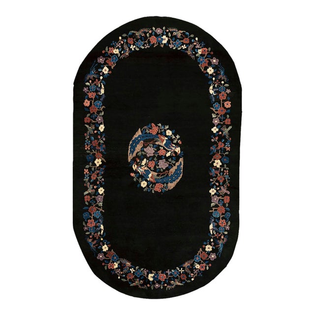 1920s Black Medallion Floral Antique Oval Chinese Art Deco Carpet 4'1" X 6'10" Wool Knotted Rug For Sale