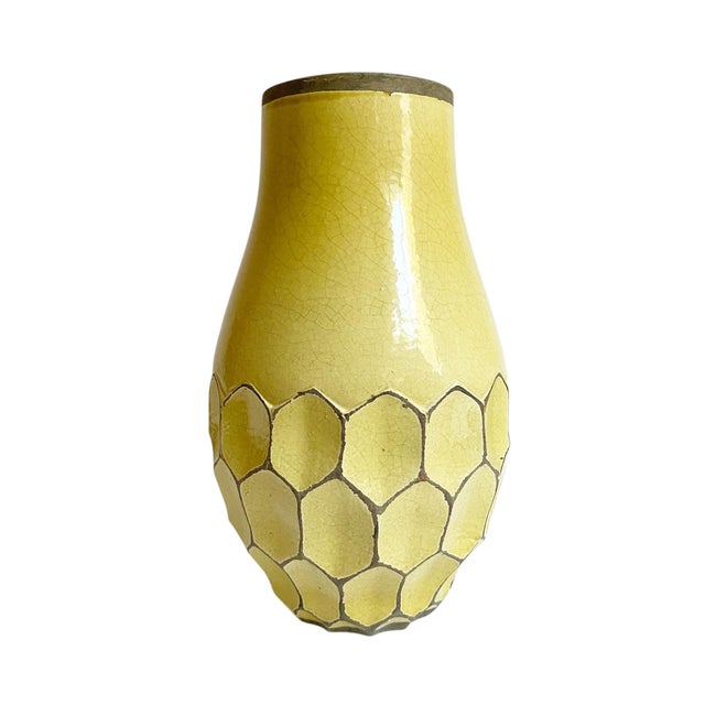 West Elm Textured Honeycomb Vase – Distressed Yellow Crackle Glaze Pottery - 11.5" Tall West Elm For Sale - Image 4 of 8