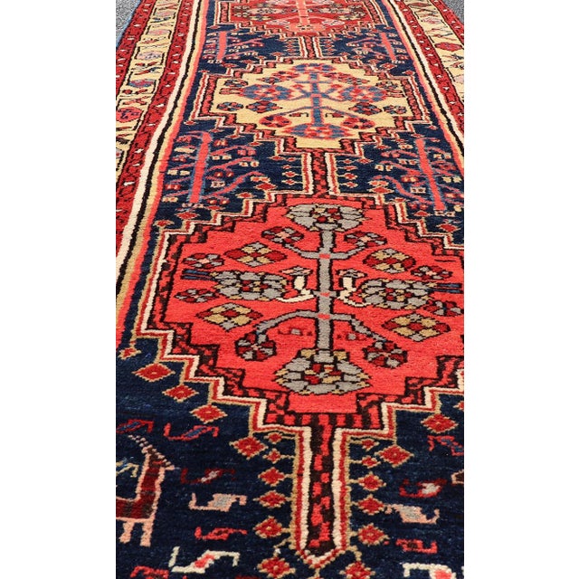 Navy Blue Long Antique Persian Heriz Runner With All-Over Sub-Geometric Medallion Design For Sale - Image 8 of 13