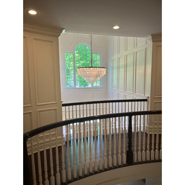 Large 44" tiered crystal/prism foyer chandelier, recently removed from a grand two-story entry hall during a design...