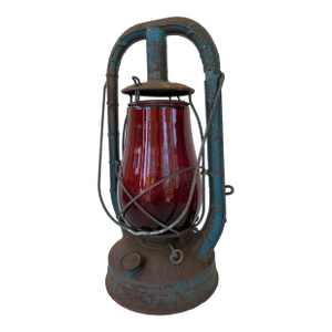 Early 20th Century Dietz “Monarch” Blue Kerosene Lantern With Red Globe