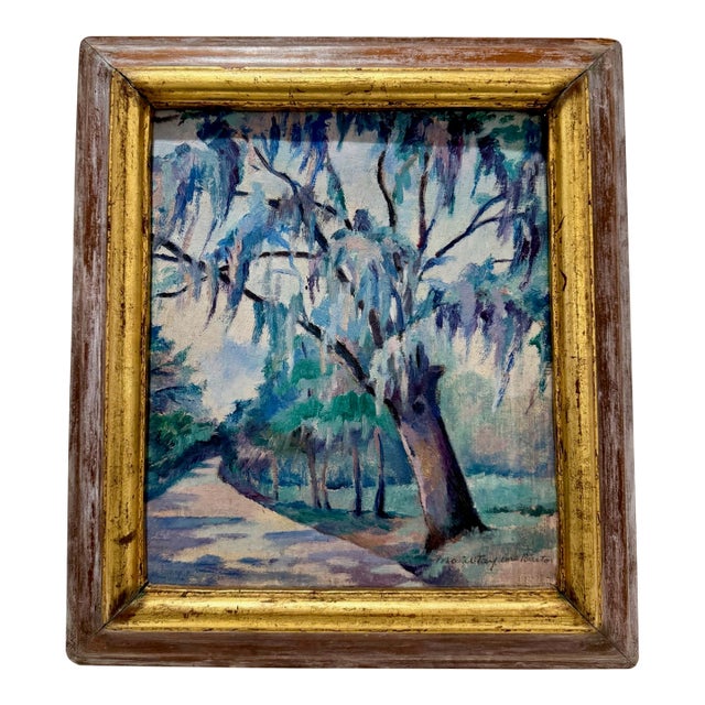 Antique Southern Oil Painting Live Oaks With Spanish Moss – Signed Marie Taylor Burton For Sale